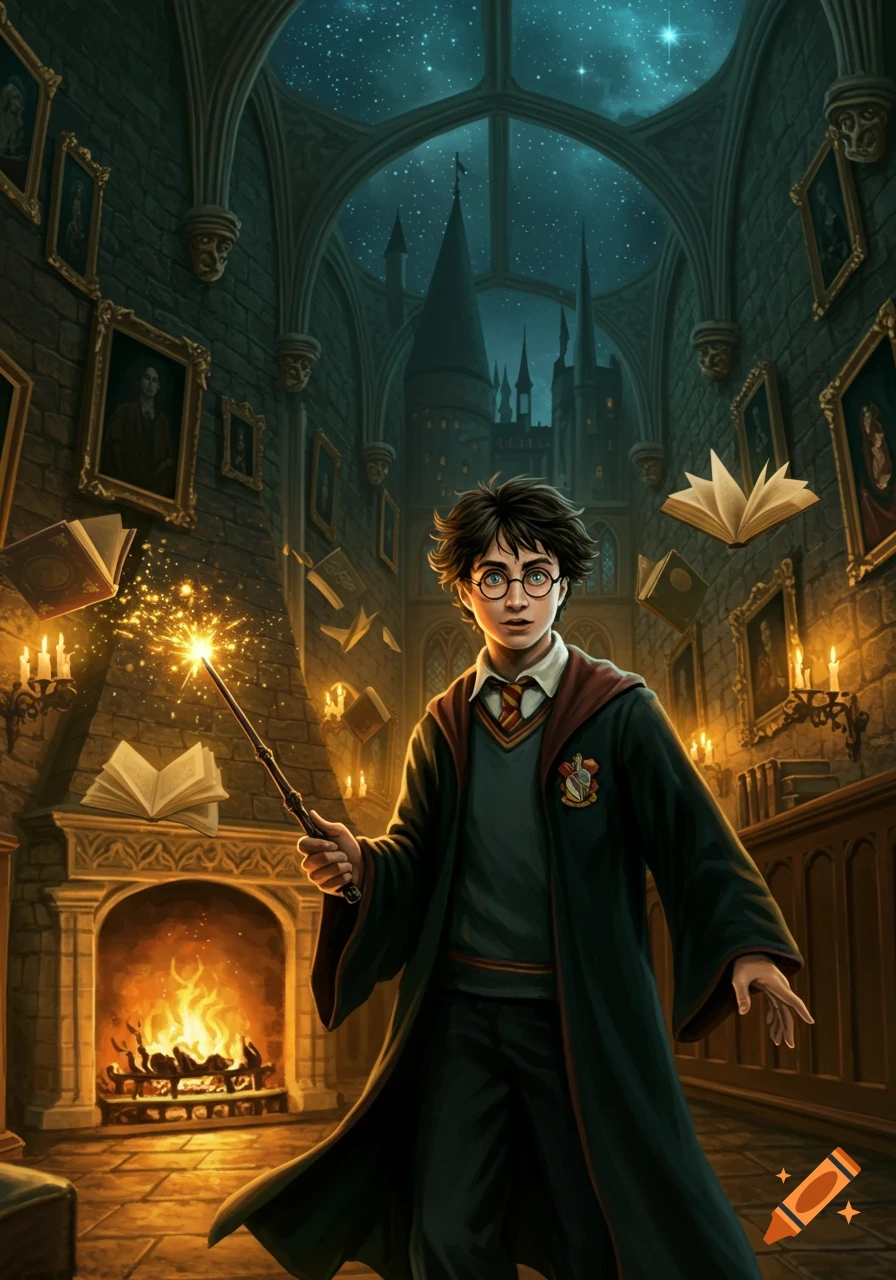 A young Harry Potter in a Hogwarts-like hall, holding his wand that emits sparks, with floating books and a fireplace.