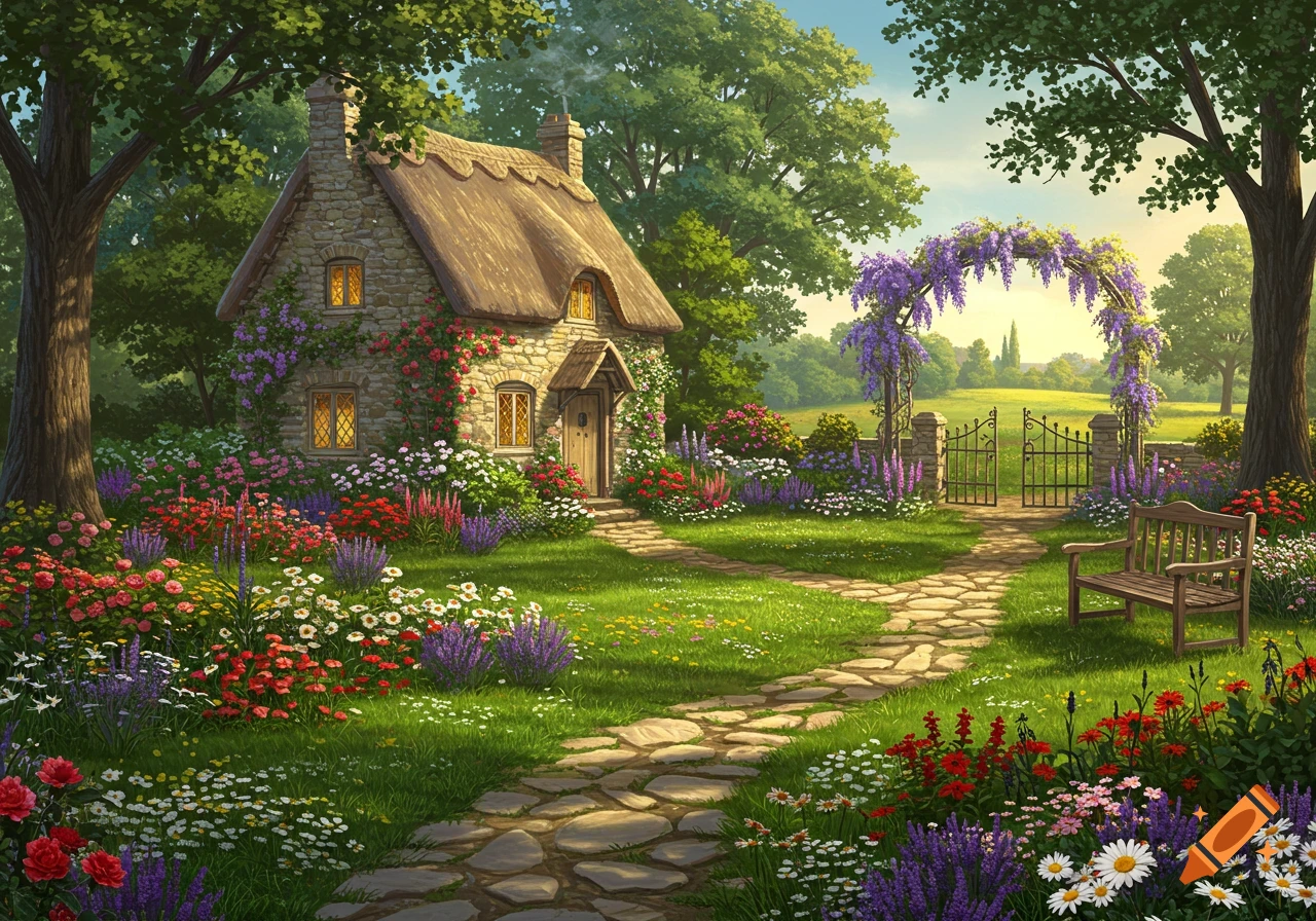 A quaint stone cottage with a thatched roof, surrounded by a vibrant, lush garden with a winding stone path and abundant blooming flowers.