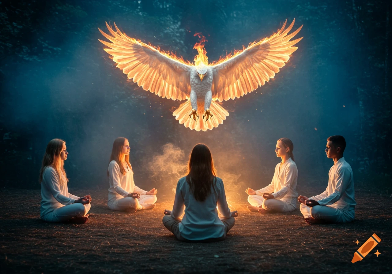 Five people meditate in a dark forest circle, illuminated by a glowing white eagle with flaming wings hovering above.