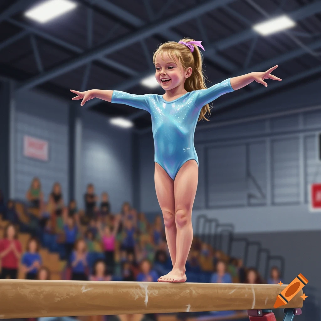 A young blonde girl in a blue leotard smiles, balancing with arms outstretched on a brown balance beam in a gymnasium, illustration.