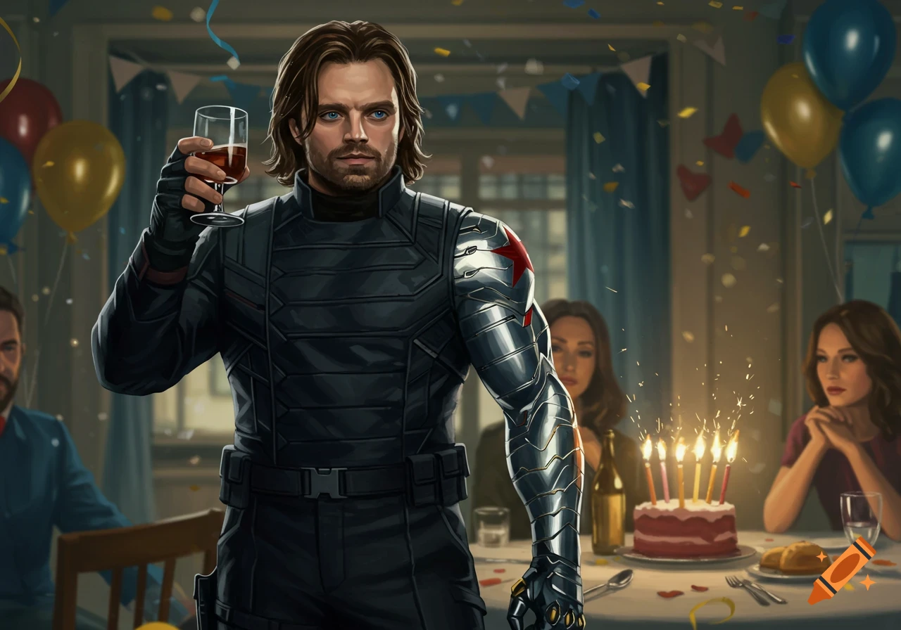 Bucky Barnes, the Winter Soldier, raises a glass at a birthday party, rendered in a digital art style.