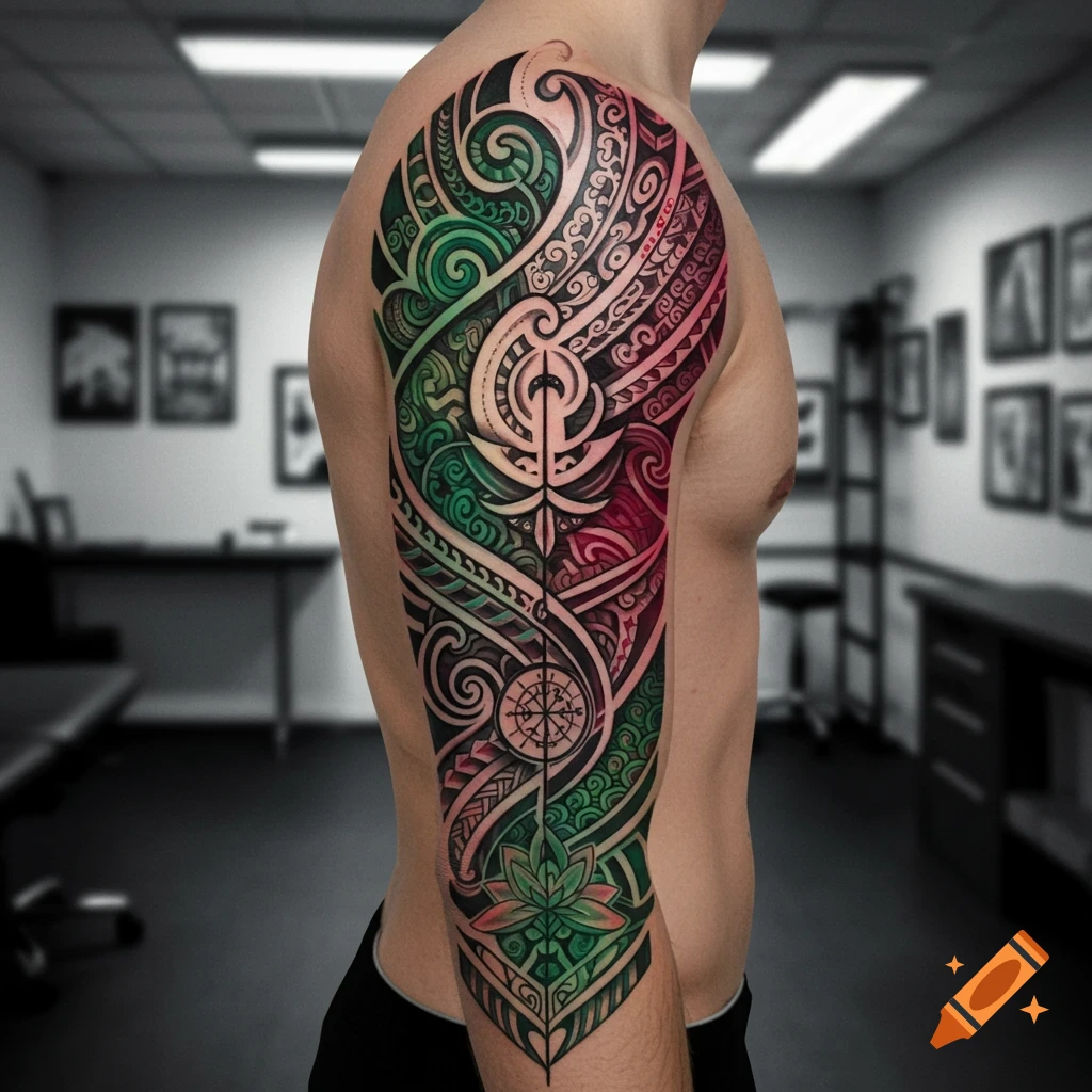 A male torso displaying a full sleeve tattoo with intricate green and red tribal patterns, a compass, and a central symbol.