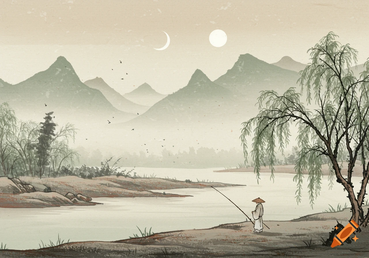 Traditional Chinese ink painting of a lone fisherman by a river, with misty mountains, willow trees, and a moon with a sun.
