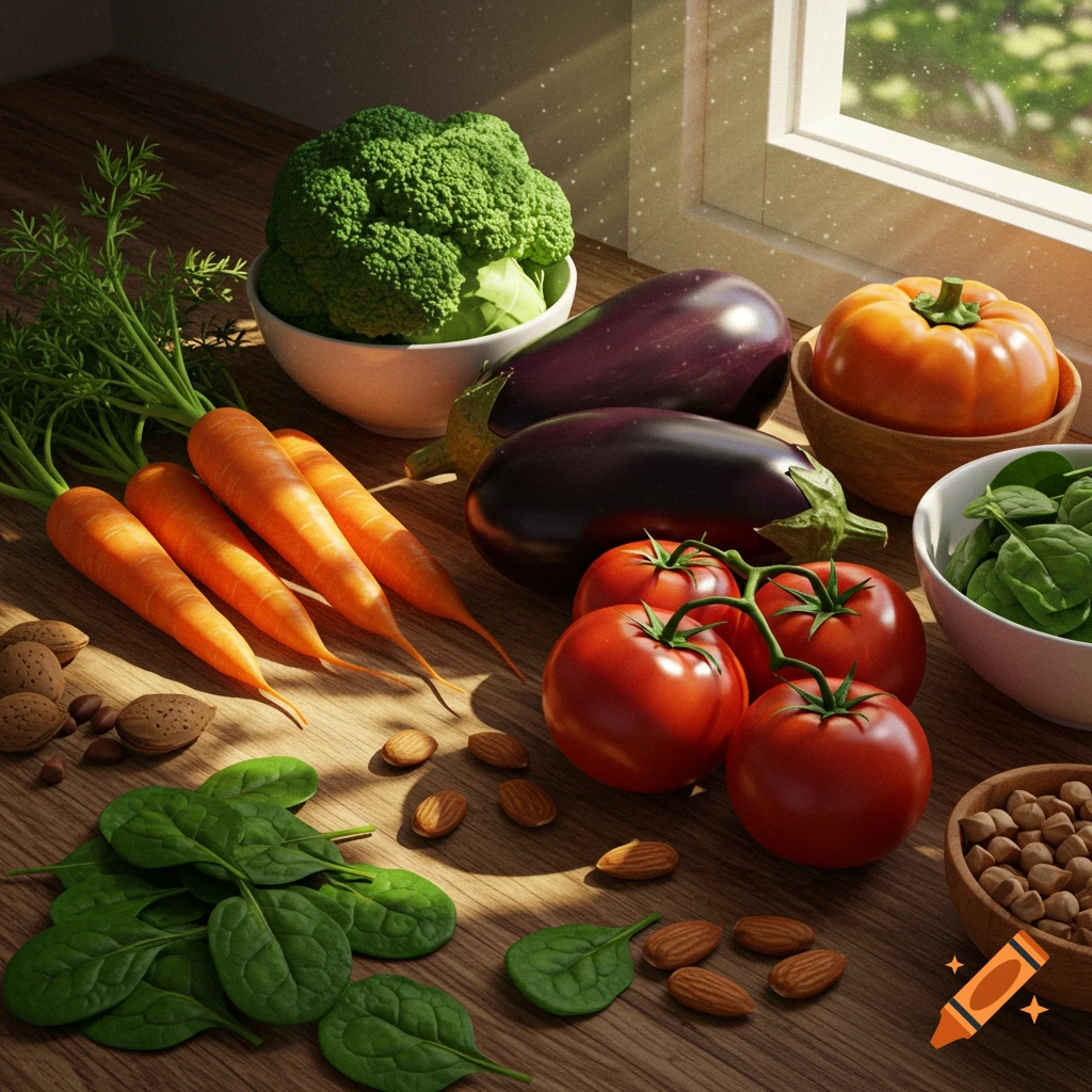 A vibrant, photorealistic still life of fresh vegetables and nuts including carrots, broccoli, eggplants, tomatoes, and spinach on a wooden table.