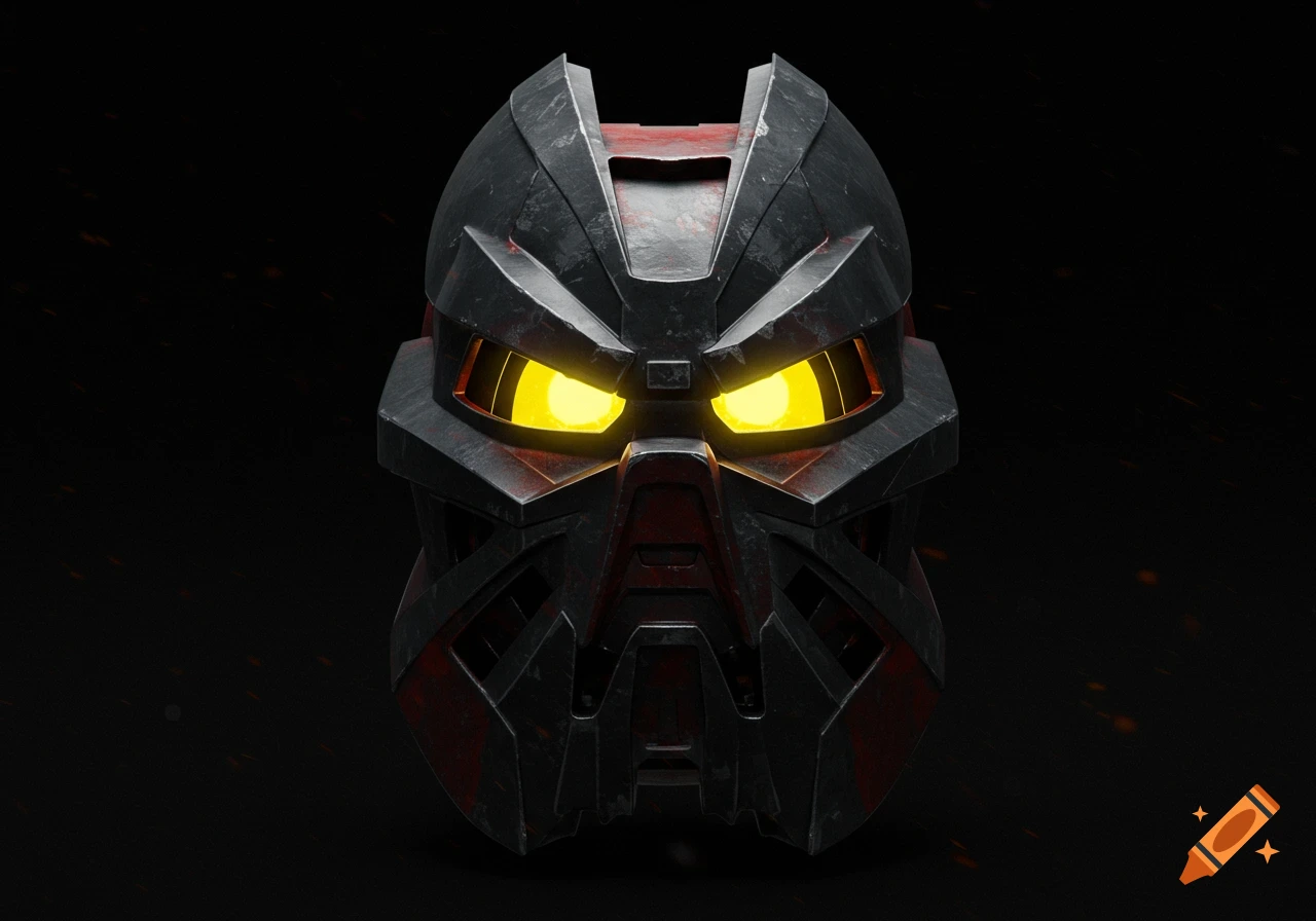 A dark, textured Bionicle mask made of black and red steel, with glowing yellow eyes, on a black background.