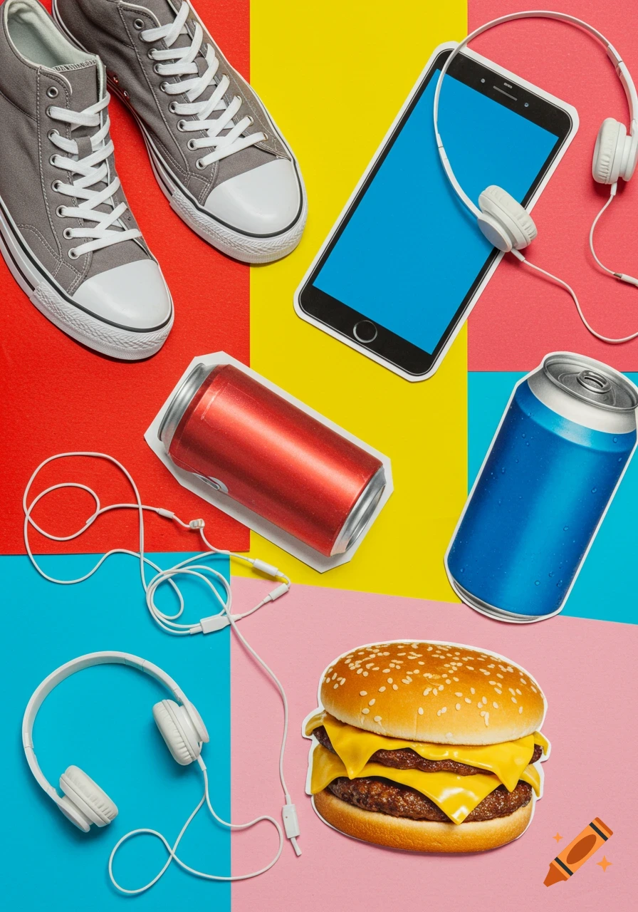 Pop art collage of sneakers, a smartphone, soda cans, headphones, and a cheeseburger on a red, yellow, blue, and pink background.