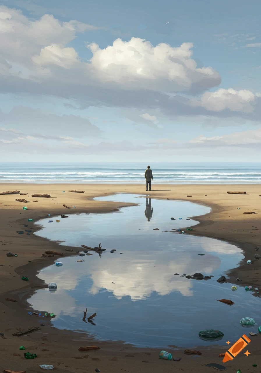 A person stands on a littered beach looking at the ocean, with a pool of water reflecting the sky. Painterly style.