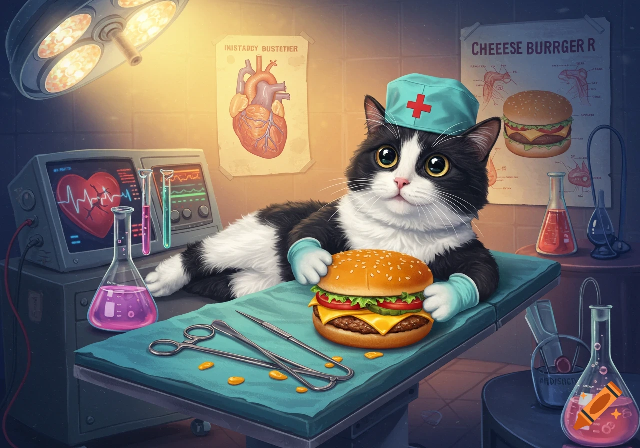 A cute cartoon black and white cat wearing a doctor's cap and gloves lies on an operating table, holding a cheeseburger. A heart monitor and surgical tools are nearby.