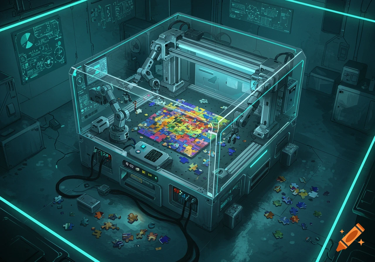 A futuristic robotic machine with blue neon lights assembling a colorful jigsaw puzzle inside a transparent enclosure, surrounded by loose pieces.