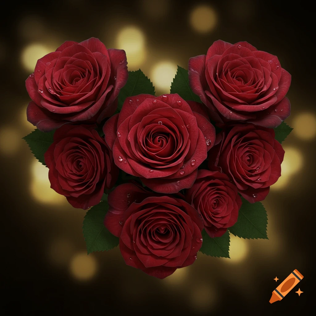 Photorealistic deep red roses with water droplets arranged in a heart shape on a dark, bokeh-lit background.