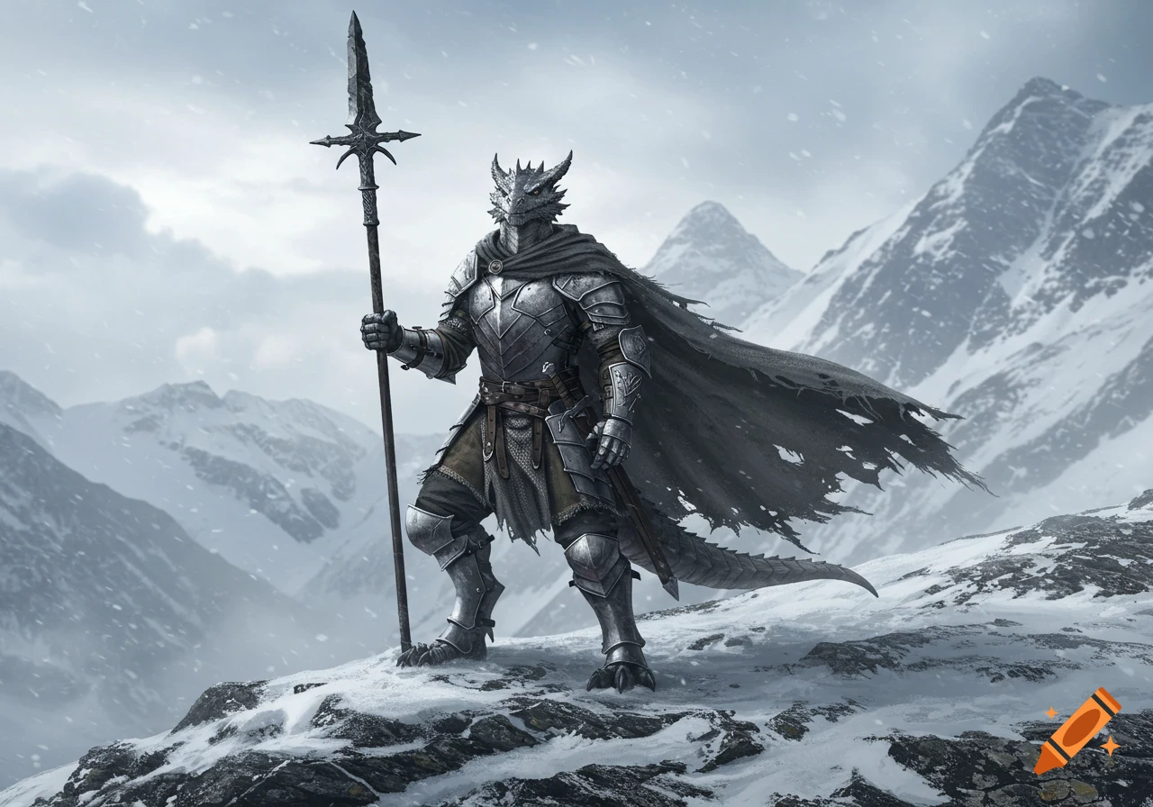 A silver dragonborn paladin in battered armor and tattered cloak stands ...