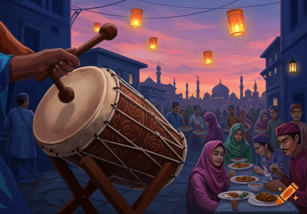 Illustrative scene of people gathered to eat during Ramadan at sunset, with a large drum in the foreground, lanterns, and mosque silhouettes.