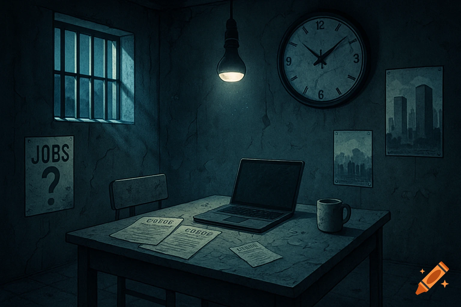 A dimly lit, gloomy room with a barred window, a desk with a laptop, documents, and a mug, a large wall clock, and a "JOBS ?" poster.