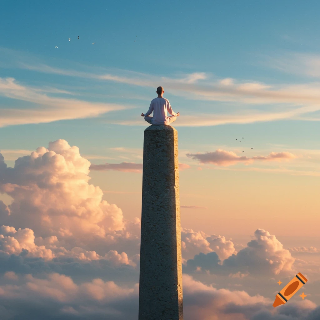 A person meditates in lotus position atop a tall pillar above a sea of clouds, under a blue and orange sunset sky. Photorealistic style.