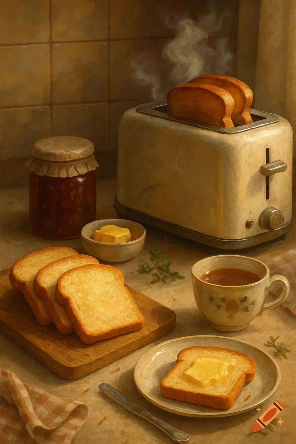 A still life painting of a kitchen counter with a toaster, golden toast slices, butter, jam, and a steaming cup of tea.