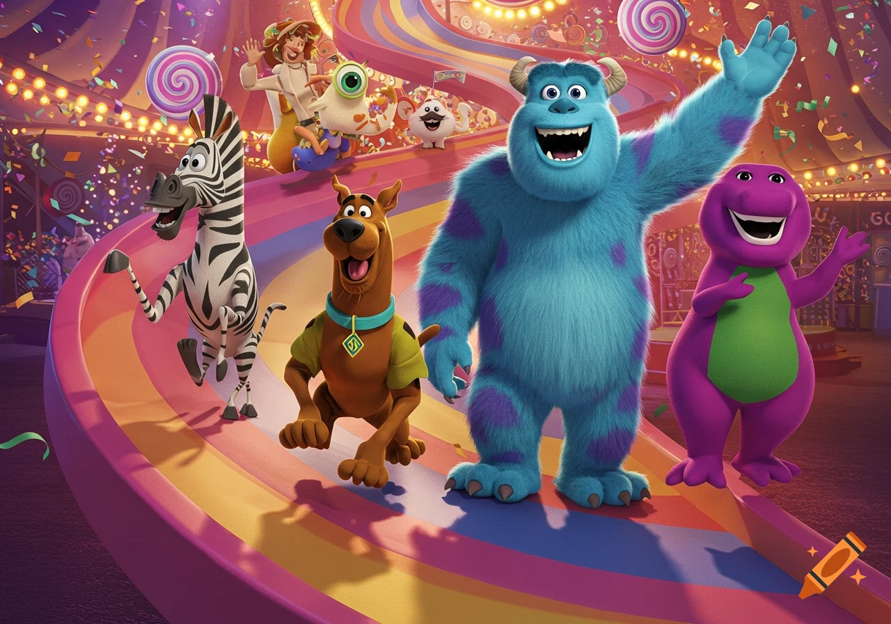 Marty the zebra, Scooby Doo, Sully, and Barney the dinosaur sliding down a colorful funhouse slide amidst confetti.