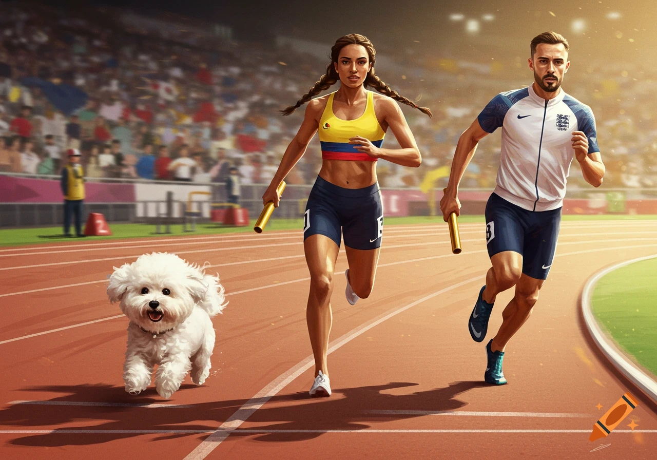 A photorealistic illustration of a white bichon frise dog, a female athlete, and a male athlete running a relay race on a track in a stadium.
