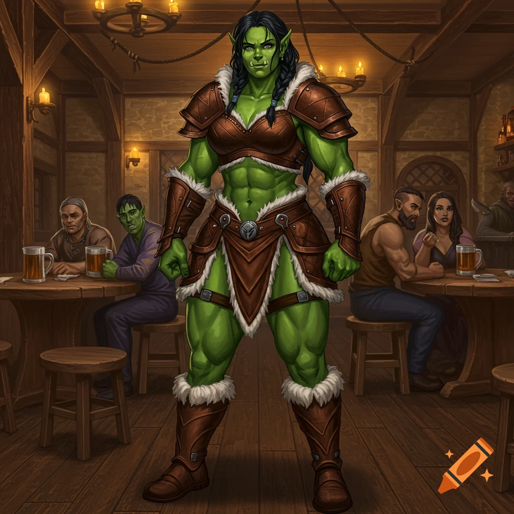 A fit, green-skinned female orc in leather and fur armor stands confidently in a cozy tavern, detailed illustration.