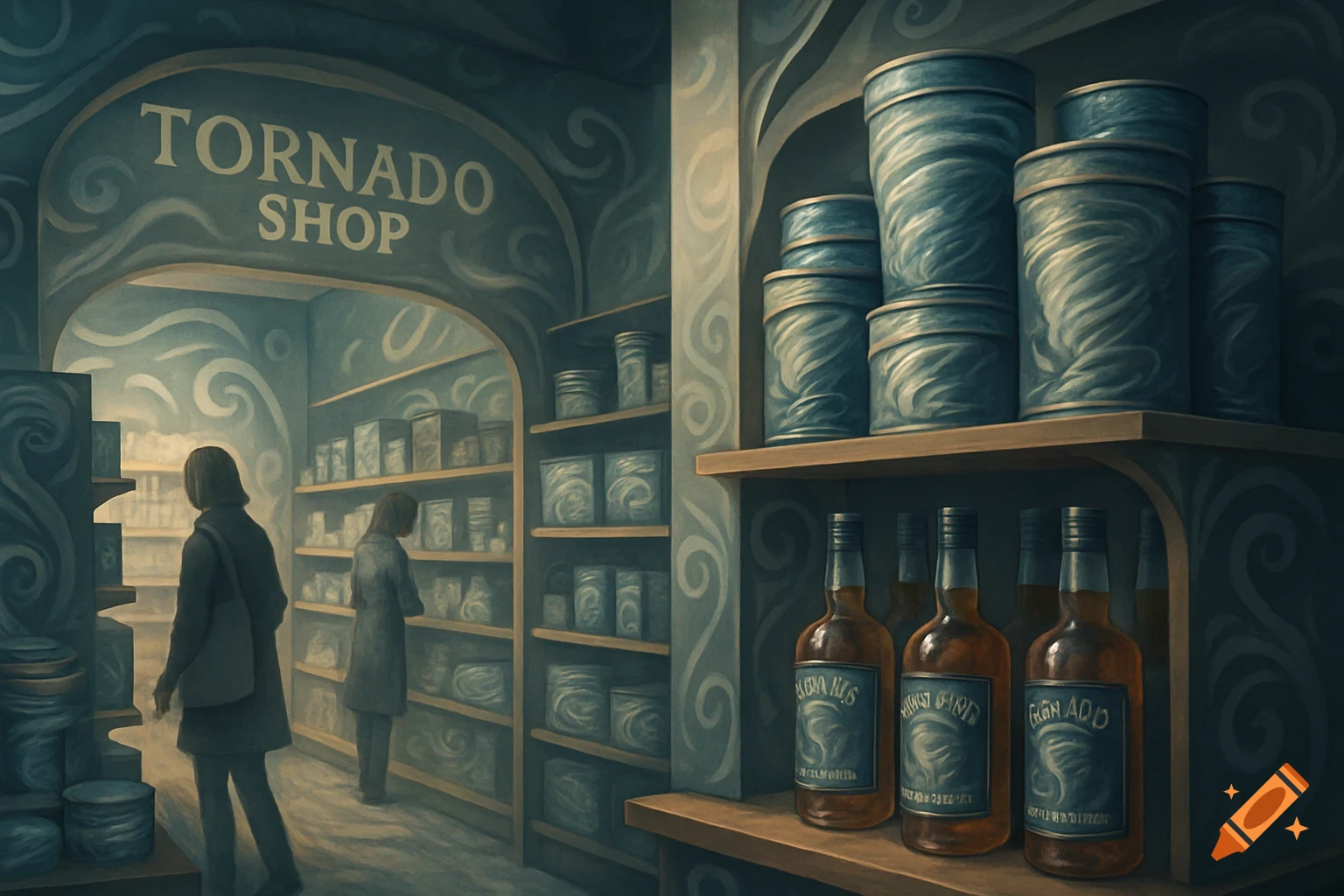 An ethereal art style interior of a fantasy shop called "Tornado Shop" with two people browsing shelves stocked with products with tornado-like patterns.
