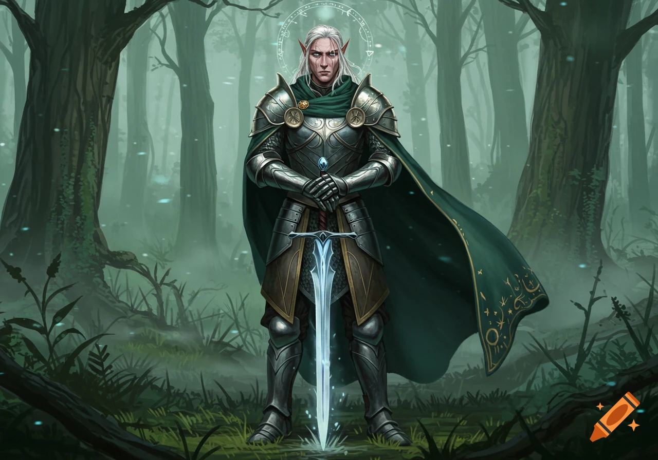 A stoic, armored elven paladin with long white hair and facial scars stands in a misty, ancient forest, holding a glowing sword.