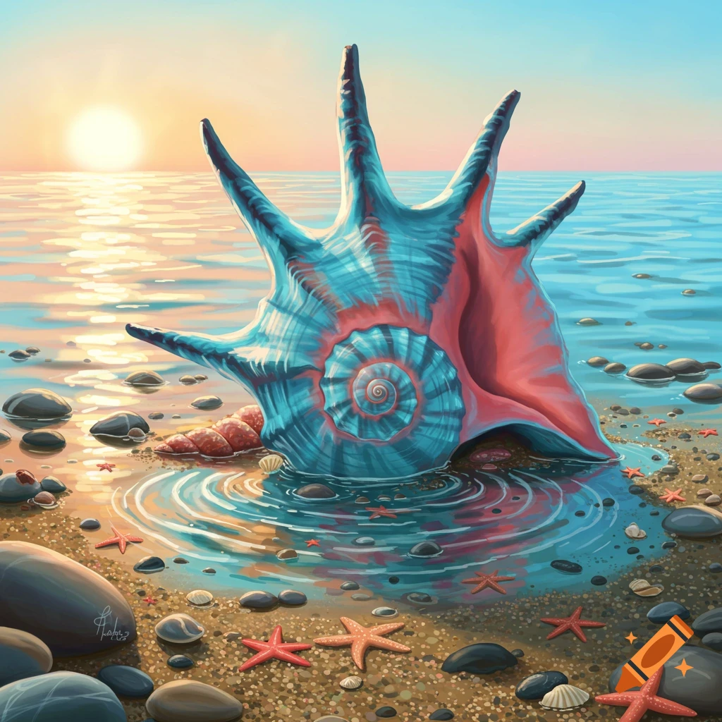 A colorful, spiky conch shell sits on a sandy beach, partially submerged in water reflecting a vibrant sunset, surrounded by starfish and pebbles.