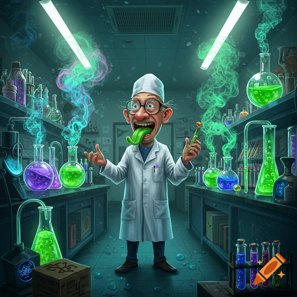A cartoon chemist with a wide grin and long green tongue stands in a vibrant laboratory filled with glowing beakers and colorful chemicals.