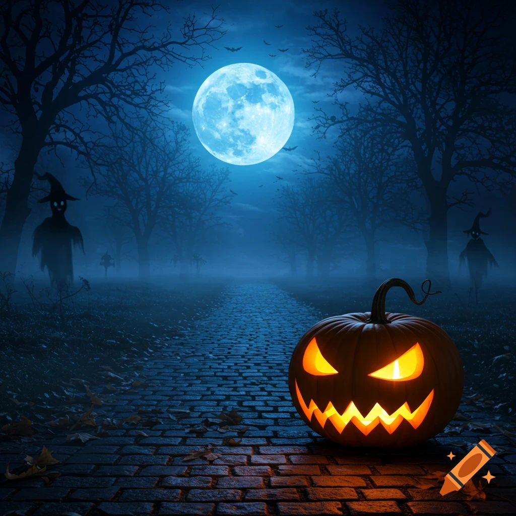 A spooky Halloween night scene with a glowing jack-o'-lantern on a cobblestone path, silhouetted trees, ghosts, and bats under a blue full moon.