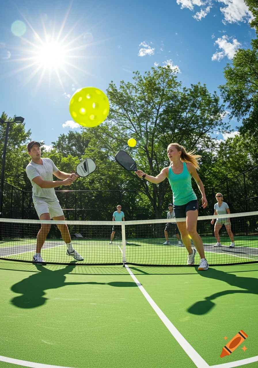 A man and woman play pickleball on a sunny outdoor court, with a large yellow pickleball in mid-air.