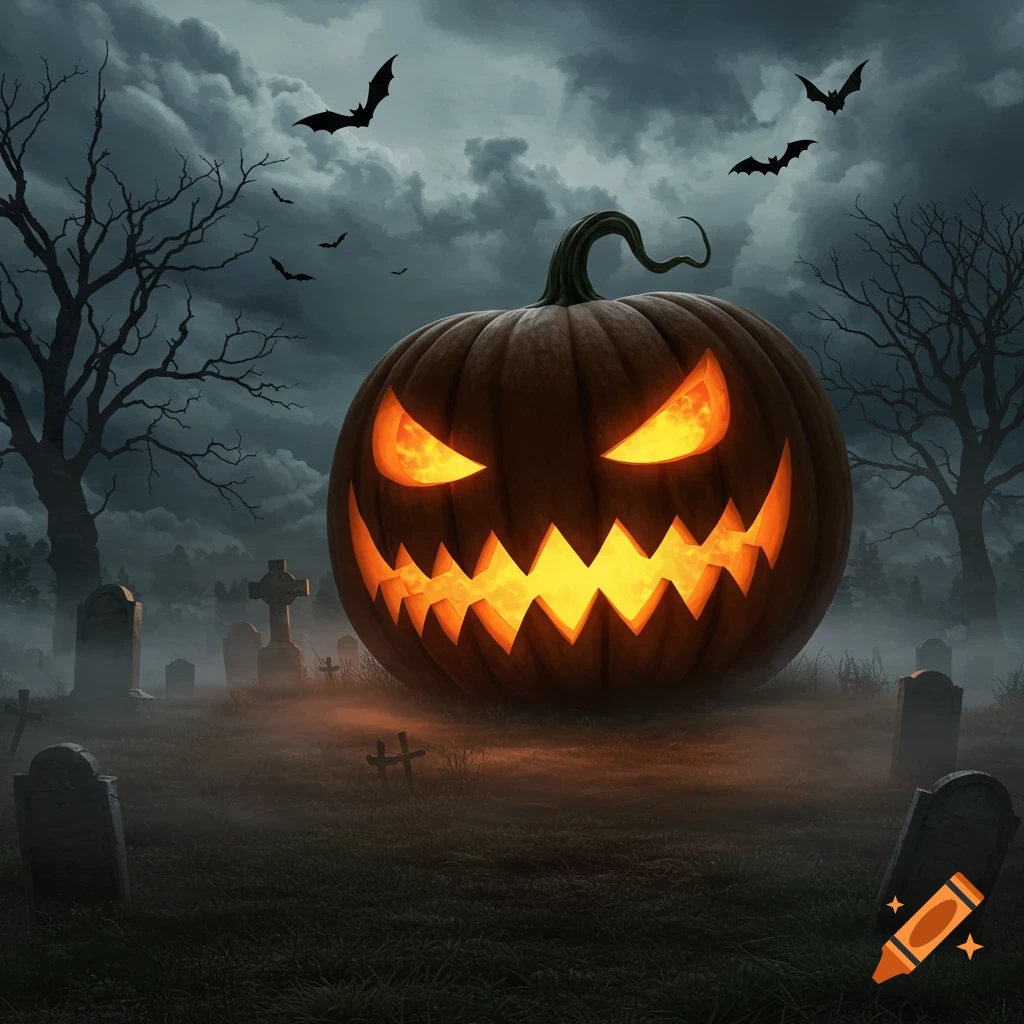 A huge, glowing jack-o'-lantern stands in a foggy graveyard at night, with bare trees and bats flying under a dark, cloudy sky.