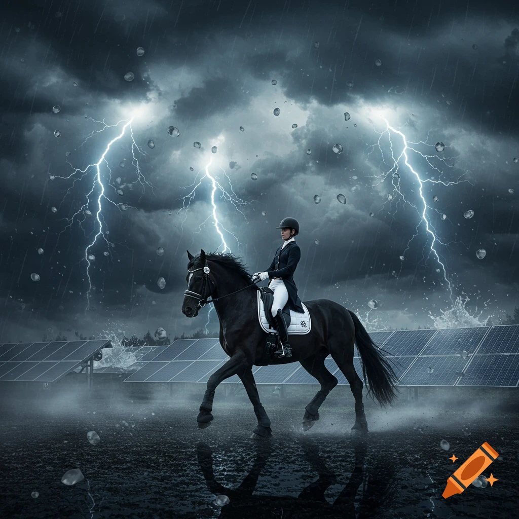 A person on a black dressage horse rides past solar panels during a lightning and hailstorm, reflecting on wet ground.
