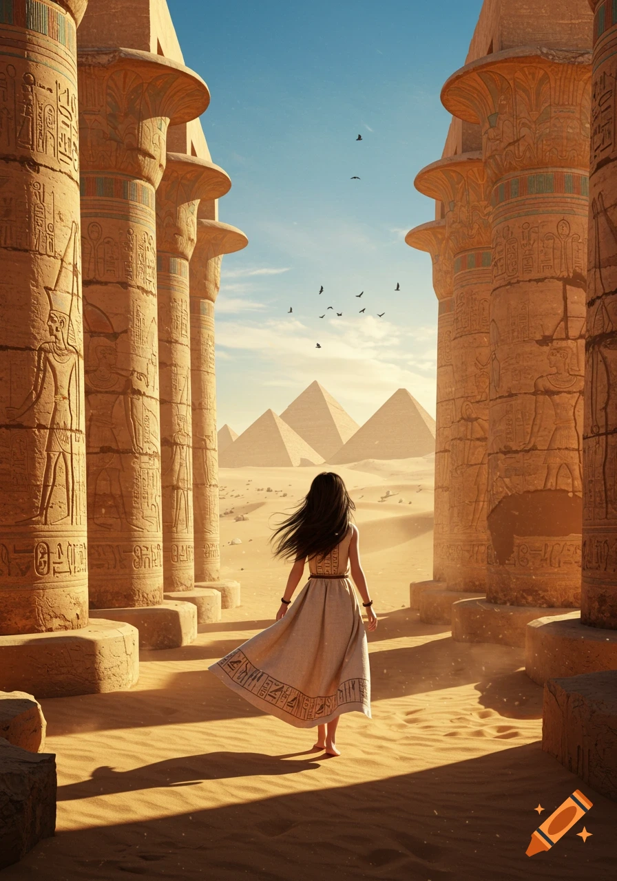 A woman with long dark hair walks barefoot between colossal Egyptian columns towards distant pyramids in a sunny desert.