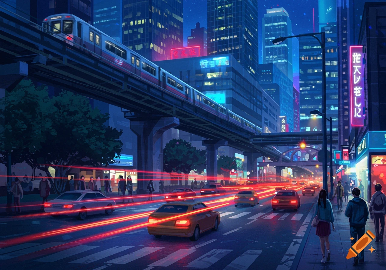 A vibrant digital painting of a bustling city at night with an elevated train, cars with red light trails, and pedestrians.