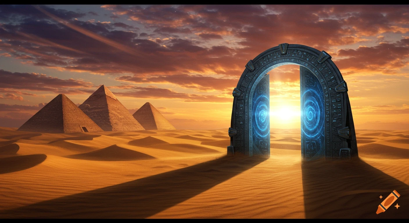 A dramatic desert landscape at sunset featuring three ancient pyramids and a glowing futuristic stargate portal emitting blue energy and inscribed with symbols.