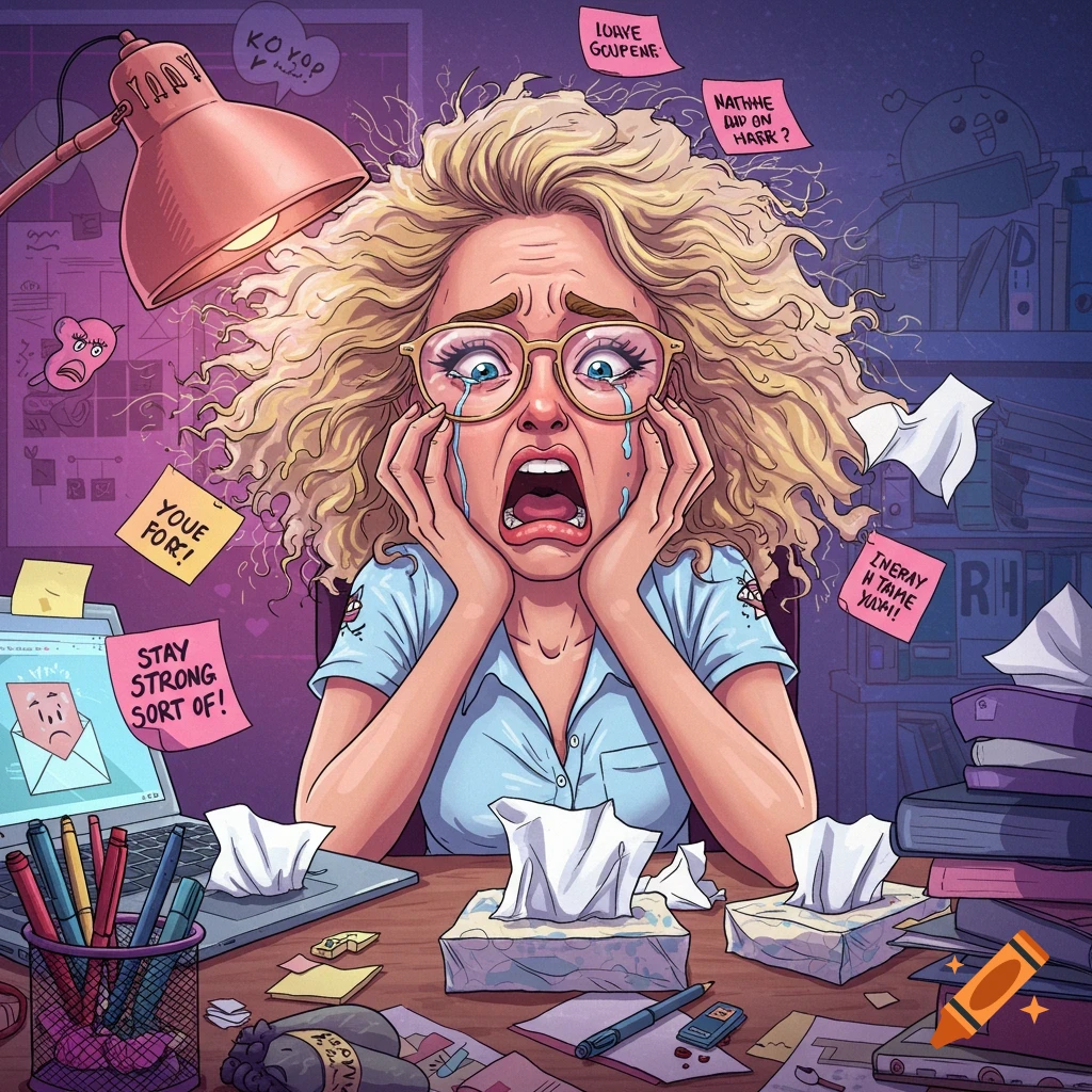 A cartoon blonde woman with curly hair cries intensely at a messy desk, surrounded by tissues, a laptop, and garbled sticky notes. Comical style.