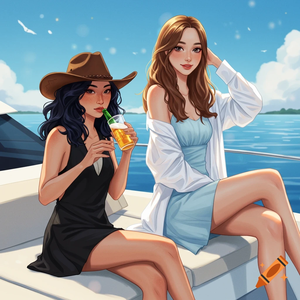 Two cartoon-style girls on a boat. One wears a cowboy hat and black dress, drinking beer. The other wears a blue dress and white shirt.