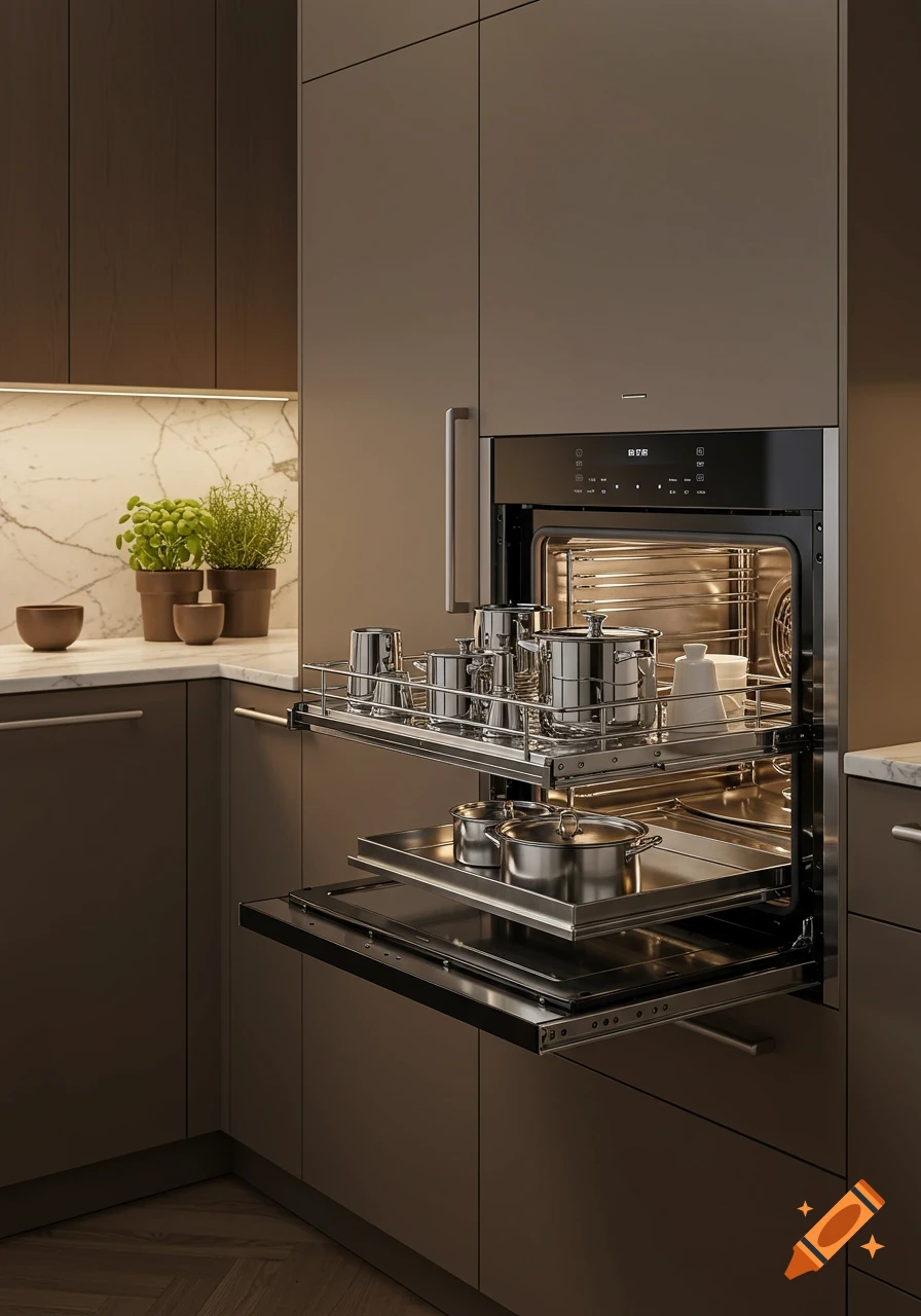 A modern kitchen with a built-in oven open to show sliding shelves with various metal pots and pans, under-cabinet lighting, and potted plants.