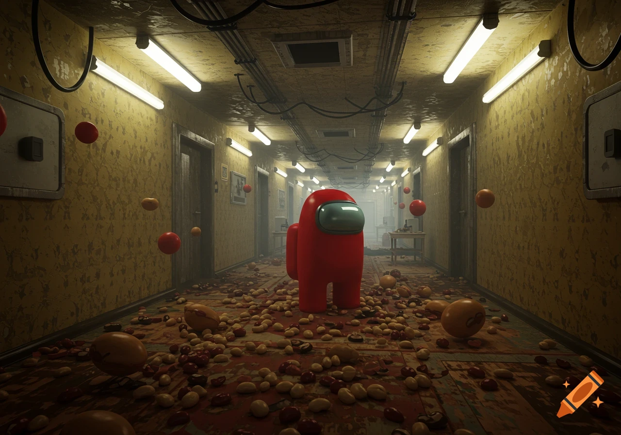 A red Among Us character stands in a dirty, fluorescent-lit hallway covered in scattered beans and red spheres.