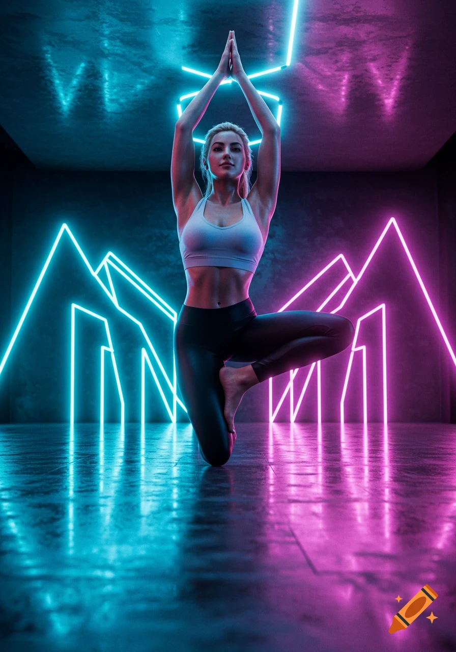 A woman in a sports bra and leggings does a yoga pose in a modern gym bathed in vibrant blue and pink neon lights.