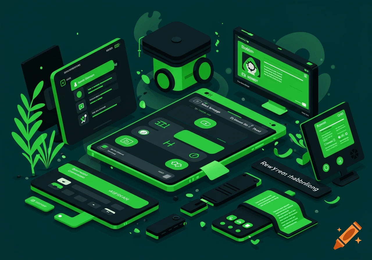 Isometric digital art of various green and black tech devices including phones, monitors, and a robot, with abstract UI elements.