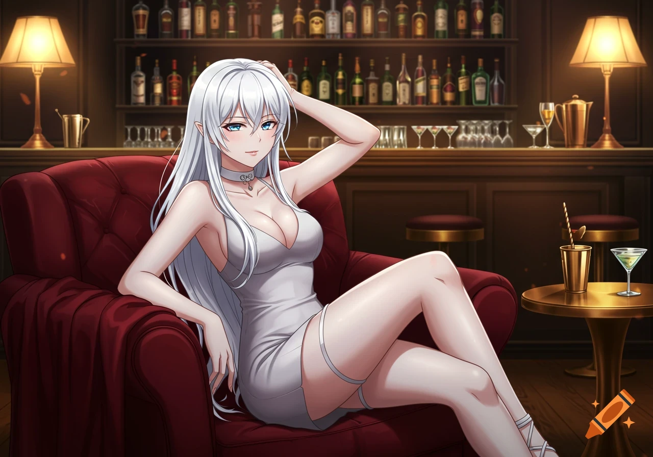 Anime woman with long white hair and blue eyes in a white mini-dress, sitting on a red lounge chair in a bar.