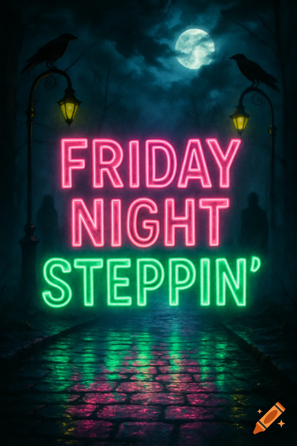 Neon sign reading 'FRIDAY NIGHT STEPPIN'' illuminates a dark, spooky path under a full moon, with crows on lampposts.