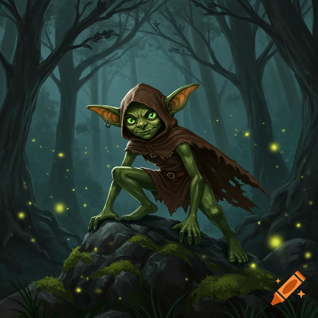 A green-skinned goblin with glowing green eyes and a tattered brown hooded cloak crouches on a mossy rock in a dark, misty forest with glowing fireflies.