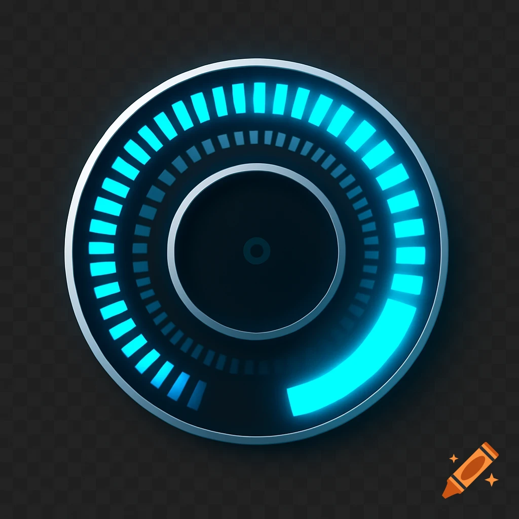 A futuristic digital circular gauge with glowing cyan segments indicating high performance on a dark transparent background.