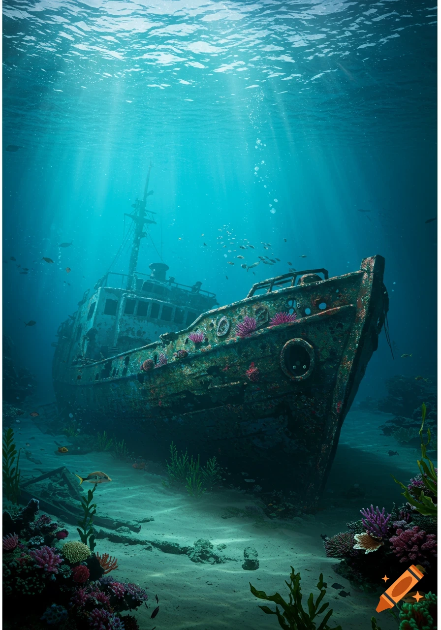 Photorealistic image of a rusted shipwreck on a sandy ocean floor, surrounded by colorful coral and fish, with sunbeams filtering through blue water.