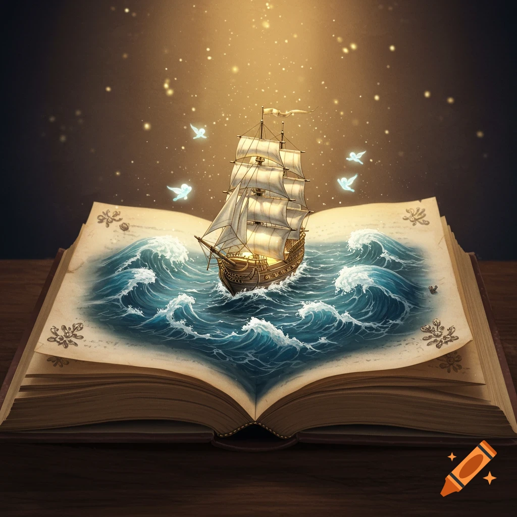 An open book with a miniature sailing ship sailing on blue waves, surrounded by magical light, sparks, and ethereal birds.