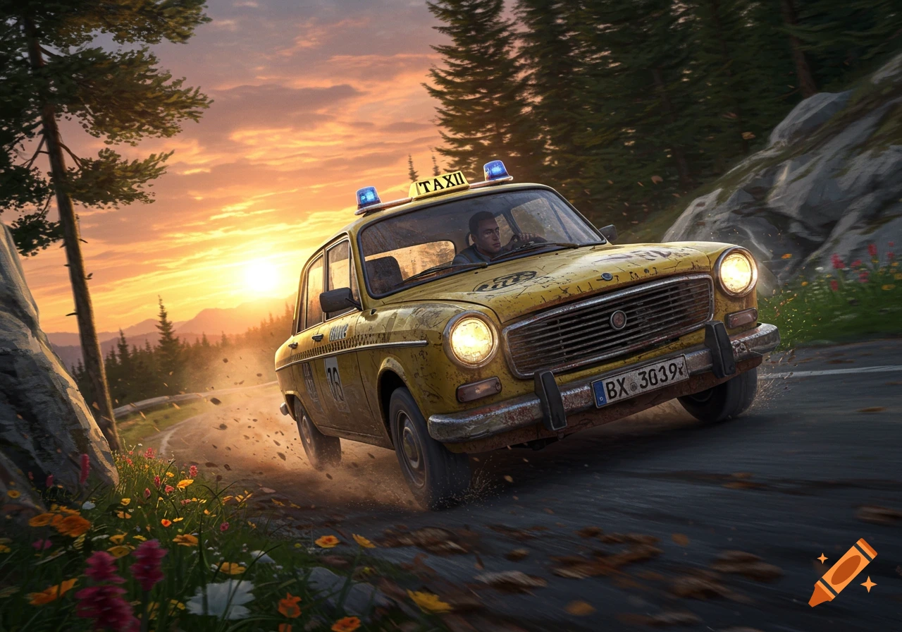 A dilapidated yellow taxi kicks up dust on a winding road through mountains and forests at sunset, with a driver visible inside.