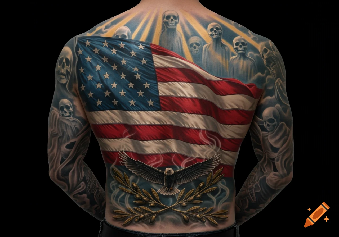 A detailed patriotic back tattoo features an American flag, an eagle, olive branches, and skulls.