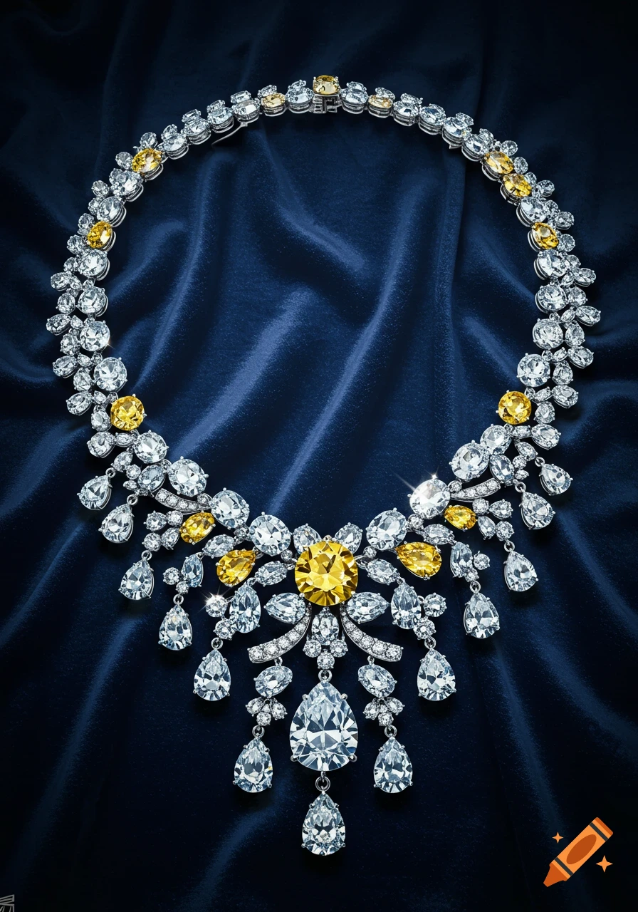 A dazzling diamond and yellow sapphire necklace gleams on a dark blue velvet cloth.