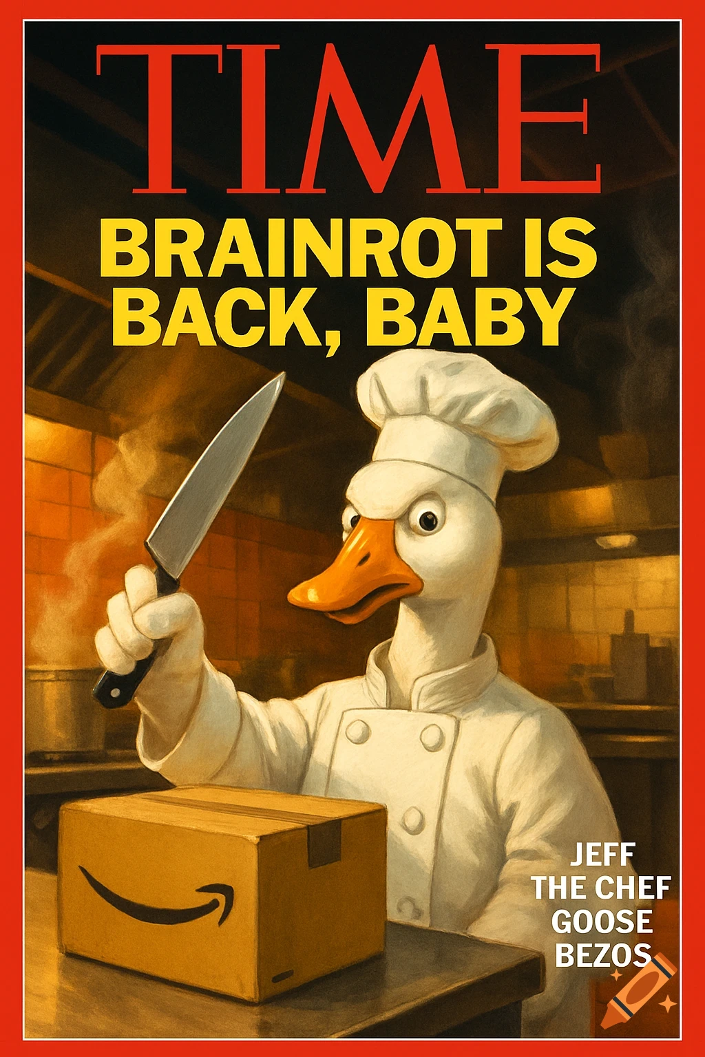 A satirical TIME magazine cover with a goose chef holding a knife over an Amazon box. Headline: "BRAINROT IS BACK, BABY".