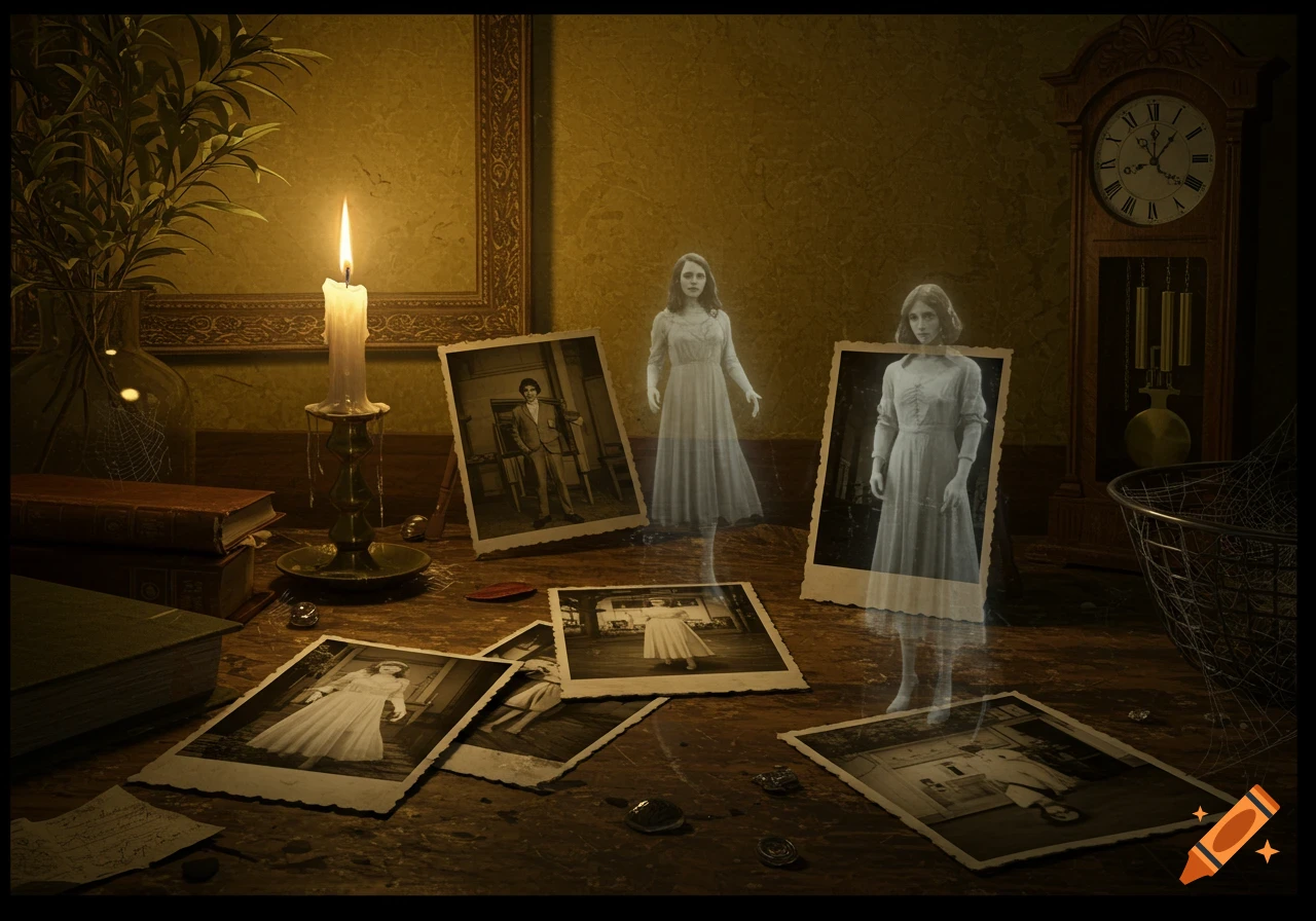 A dark, vintage scene with a candlelit desk covered in old black and white photos, featuring translucent ghostly figures, books, and a grandfather clock.